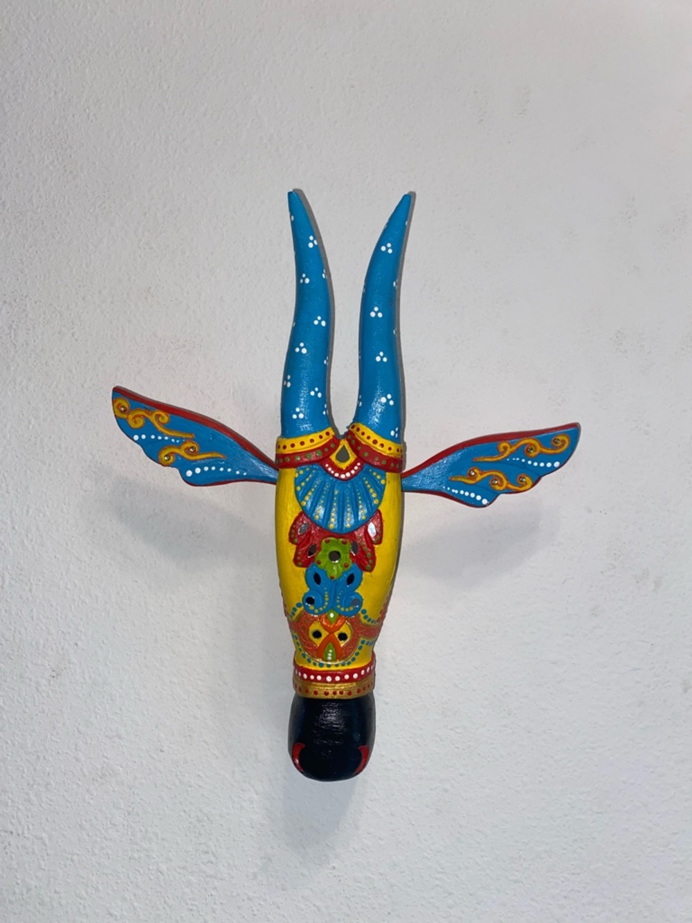 Hand-Painted Colorful Deer/Antelope Wall Mask - Blue & Yellow